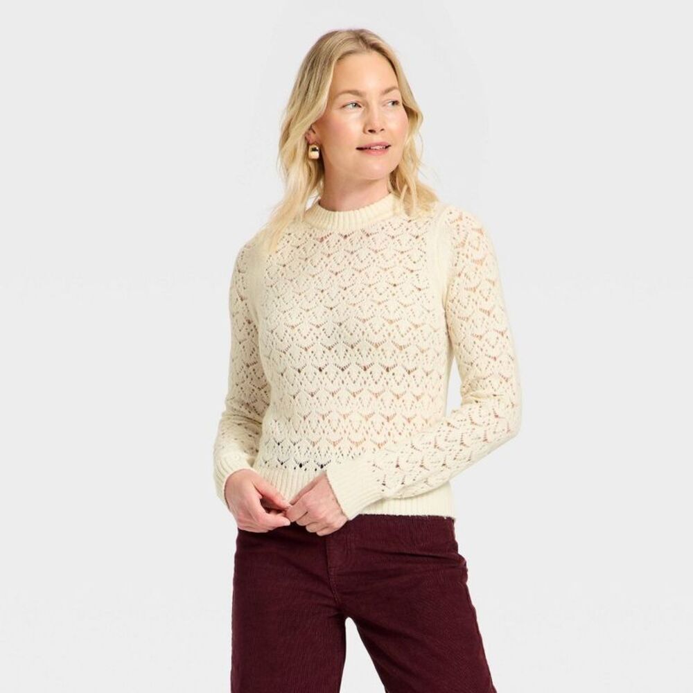 Women's Lace Crewneck Pullover Sweater - Universal Thread Cream L